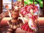  apron artist_name bad_id bad_pixiv_id blurry bow bowtie brick_wall brown_dress brown_hair cake chocolate cloud coffee cup day depth_of_field dress food fruit galia_&amp;_kitty gloves hair_bow hair_ornament holding long_hair maid multiple_girls original pink_dress pink_hair red_eyes restaurant smile staff strawberry striped striped_legwear teacup thighhighs tray tree twintails upper_body very_long_hair watermark web_address white_gloves window yellow_eyes 