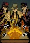  araki_hirohiko_(style) aura black_hair blue_eyes chain collective-mind earrings gakuran glowing hat jewelry jojo_no_kimyou_na_bouken kuujou_joutarou long_coat male_focus multiple_boys multiple_persona praying purple_hair school_uniform starfish table turtleneck 