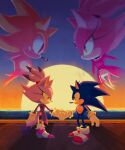  1boy 1girl blaze_the_cat blue_fur burning_blaze chaoslose fur-trimmed_gloves fur_trim furry furry_female furry_male gloves handshake highres ocean pink_fur pink_shoes purple_fur red_eyes red_shoes shoes smile sonic_(series) sonic_rush_adventure sonic_the_hedgehog sun sunset super_sonic white_gloves yellow_eyes yellow_fur 