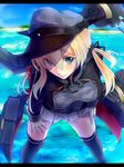  anchor_hair_ornament black_legwear blonde_hair blue_eyes blush breasts gloves hair_ornament hat kantai_collection large_breasts leaning_forward letterboxed long_hair looking_at_viewer military military_uniform ocean peaked_cap prinz_eugen_(kantai_collection) remodel_(kantai_collection) skirt smile solo thighhighs turret twintails uniform water white_gloves yude 