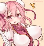  bandages between_breasts blush breasts bun_cover chinese_clothes covered_nipples cuffs double_bun flower huge_breasts ibaraki_kasen impossible_clothes impossible_shirt marshmallow_mille open_mouth pink_eyes pink_hair red_eyes rose sexually_suggestive shirt short_hair solo tabard tears touhou twitter_username 