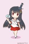  alternate_costume black_hair chibi fan fusou_(kantai_collection) gym_shirt headgear highres kantai_collection kneehighs long_hair mae_(maesanpicture) name_tag paper_fan pleated_skirt red_eyes shirt skirt smile solo translated twitter_username uchiwa 