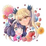 :d animal_ears black_hair blonde_hair cat_ears curly_hair cyan_(show_by_rock!!) flower food fruit glasses green_eyes hair_ribbon hairband highres long_hair looking_at_viewer macaron multiple_girls open_mouth portrait retoree ribbon short_hair show_by_rock!! simple_background smile strawberry twintails white_background yellow_eyes yuri 