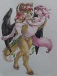  being_carried black_wings breasts carrying duo female friends fur hair hooves horn hybrid lilah luna pigtails pink_fur pink_hair red_hair sinistervibe size_difference spots traditional_media_(artwork) wings 