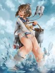  binoculars blush brown_hair cloud cloudy_sky covering covering_crotch day from_below gsong-chan highres kantai_collection orange_eyes sailor_collar see-through shirt_tug short_hair sky solo water wet yukikaze_(kantai_collection) 