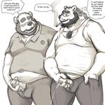  2015 anthro bald bathroom bear beard belly blush body_hair bulge chest_hair cigarette clothing dialogue duo english_text erection eyebrows eyewear facial_hair fur glasses greyscale hair_tuft holding_penis hyena looking_at_penis male male/male mammal markwulfgar midriff monochrome moobs nipple_bulge open_mouth overweight pants partially_retracted_foreskin pawprint peeing penis pubes public shirt smoking standing sweat sweatdrop tank_top teeth text thick_eyebrows uncut unzipped urine vein veiny_penis 