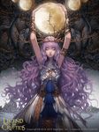  armlet arms_up cglange closed_eyes copyright_name flower hairpiece highres legend_of_the_cryptids liesel_(legend_of_the_cryptids) long_hair moon purple_hair solo very_long_hair watermark 