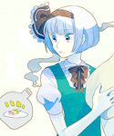  artist_name bad_id bad_pixiv_id black_hairband bow bowtie dango food hairband highres hitodama konpaku_youmu konpaku_youmu_(ghost) looking_away looking_down open_mouth puffy_sleeves red_eyes sanshoku_dango shirt short_hair short_sleeves silver_hair simple_background skewer solo spoken_object tamazusa_mizume touhou upper_body vest wagashi 