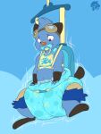 2020 3_toes ageplay ambiguous_gender anthro anthrofied aqua_(innocentenough) baby_bouncer bandage bandage_on_face bandage_on_nose bib big_diaper biped black_body blue_background blue_body blue_fur blue_pacifier blush bubblepuppers clothed clothing dewott diaper digital_media_(artwork) embarrassed eyewear feet fur generation_5_pokemon goggles hi_res infantilism innocentenough nintendo pacifier pokemon pokemon_(species) pokemorph purple_eyes roleplay simple_background solo toes toony wearing_diaper