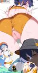  1girl absurdres anus ass bangboo_(zenless_zone_zero) bare_shoulders belle_(summer_skies)_(zenless_zone_zero) belle_(zenless_zone_zero) bikini black_hat blue_hair blush bracelet breasts bucket_hat censored cleavage closed_eyes eous_(zenless_zone_zero) green_eyes hair_ornament hat highres jewelry large_breasts letter_hair_ornament looking_at_viewer looking_back low_twintails multiple_views navel open_mouth orange_bikini orange_shorts paid_reward_available pussy see-through_clothes see-through_shirt sharkboo_(zenless_zone_zero) shirt short_hair short_shorts short_sleeves short_twintails shorts smile swimsuit thighs tied_shirt twintails white_shirt yanje zenless_zone_zero 