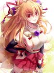  animal_ears bare_hips blonde_hair breasts covered_nipples detached_sleeves fox_ears fox_tail hakama_skirt hand_on_hip hip_vent izuna_(shinrabanshou) japanese_clothes large_breasts long_hair looking_at_viewer multiple_tails no_bra red_eyes scroll shinrabanshou sideboob smile solo tail thighhighs white_legwear yude 
