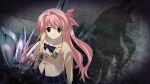  1girl antenna_hair artist_request blazer bow bowtie breasts brown_jacket chaos;head check_artist collared_shirt d-sword dress_shirt from_above game_cg hair_bow highres holding holding_sword holding_weapon jacket lapels looking_at_viewer miniskirt notched_lapels official_art official_wallpaper one_side_up pink_eyes pink_hair plaid_bow plaid_bowtie plaid_clothes plaid_skirt pleated_skirt purple_bow purple_bowtie purple_skirt red_trim sakihata_rimi sasaki_mutsumi school_emblem school_uniform science_adventure shadow shirt skirt small_breasts smile solo suimei_academy_school_uniform sword weapon white_shirt 