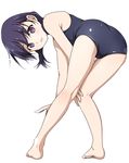  armpit_crease ass bangs bare_arms bare_legs bare_shoulders barefoot bent_over eyebrows_visible_through_hair feet from_behind full_body knees_together_feet_apart legs looking_at_viewer looking_back low_twintails matsunaga_kouyou one-piece_swimsuit open_mouth original purple_eyes purple_hair school_swimsuit short_hair short_twintails simple_background smile solo standing swimsuit toes twintails white_background 