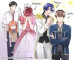  3boys black_hair blue_hair bow brown_eyes brown_hair crossdressing crossed_arms dress english epaulettes face_in_hands gekkan_shoujo_nozaki-kun green_eyes hair_bow hands_clasped height_difference hori_masayuki kashima_yuu mikoshiba_mikoto multiple_boys multiple_girls necktie nozaki_umetarou open_mouth orange_hair own_hands_together polka_dot polka_dot_bow red_hair reverse_trap sakura_chiyo sanpaku smile warable 