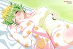  ;o absurdres bed bed_sheet blonde_hair breasts collarbone eyelashes green_background green_hair green_nails highres jacket large_breasts long_sleeves looking_at_viewer lying mikadono_miwa mikadono_sanshimai_wa_angai_choroi multicolored_hair newtype official_art one_eye_closed pajamas parted_lips pink_jacket pink_shorts scan shirt short_hair shorts sleepwear teeth third-party_source two-tone_hair upper_teeth_only yellow_shirt 