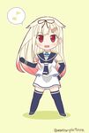  :d bare_shoulders blonde_hair chibi cosplay elbow_gloves fang gloves gradient_hair hair_flaps hair_ornament hair_ribbon hairclip highres kantai_collection long_hair mae_(maesanpicture) multicolored_hair open_mouth red_eyes remodel_(kantai_collection) ribbon sailor_collar samidare_(kantai_collection) samidare_(kantai_collection)_(cosplay) skirt smile solo thighhighs twitter_username yuudachi_(kantai_collection) 