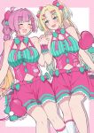  2girls :d ahoge anyoji_hime aqua_shirt blonde_hair blue_hair blush border bow breasts commentary_request diagonal-striped_border drop_shadow fang gradient_hair hair_bow hair_ornament heart heart_hair_ornament holding_hands interlocked_fingers invisible_chair large_breasts link!_like!_love_live! liz_(piyoko_piyop) love_live! miniskirt multi-tied_hair multicolored_hair multiple_girls navel official_alternate_costume open_mouth osawa_rurino outline parted_bangs pink_border pink_bow pink_hair pink_shirt pink_skirt pinstripe_pattern pinstripe_shirt pinstripe_socks pleated_skirt ponytail shirt sidelocks simple_background single_sock sitting skin_fang skirt sleeveless sleeveless_shirt smile socks twintails two-tone_shirt virtual_youtuber wawo!_(love_live!) white_background white_outline white_socks x_hair_ornament 