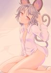  animal_ears bare_legs barefoot blush bottomless breasts cleavage dress_shirt gradient gradient_background grey_hair highres ishikkoro long_sleeves looking_at_viewer mouse_ears mouse_tail naked_shirt nazrin red_eyes shirt short_hair sitting small_breasts solo tail touhou 