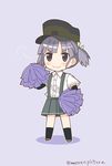  &gt;:) arm_warmers brown_eyes chibi hair_ribbon hat highres kantai_collection kneehighs mae_(maesanpicture) ooshio_(kantai_collection) pleated_skirt pom_poms purple_hair ribbon school_uniform short_twintails skirt smile solo suspenders twintails twitter_username v-shaped_eyebrows 