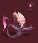  chimera clona commentary_request dripping feathered_wings fire from_behind glowing glowing_eyes horns long_hair looking_at_viewer looking_back magenta_background oil_lamp original pink_hair simple_background sitting solo tail tail-tip_fire wings yellow_eyes 