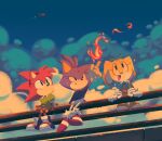  3girls amy_rose animal_ears black_eyes blaze_the_cat blue_bow blue_sky bow cat_ears cat_girl chaoslose classic_amy cloud cream_the_rabbit fire forehead_jewel furry furry_female gloves green_shirt hairband highres lop_rabbit_ears multiple_girls pink_fur pyrokinesis rabbit_ears rabbit_girl shirt sitting skirt sky sonic_(series) sonic_the_hedgehog tails_(sonic) tornado_(airplane)_(sonic) white_gloves 