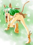  abstract_background animal_ears anus blush boomerang bottomless butt cat_ears chamcham clothed clothing female green_eyes green_hair hair half-dressed humanoid looking_at_viewer looking_back open_mouth presenting presenting_hindquarters pussy samurai_shodown solo tatata video_games 