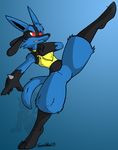  2008 ambiguous_gender anthro black_fur blue_background blue_theme canine chest_tuft claws featureless_crotch fur gloves_(marking) glowing glowing_eyes gradient_background jackal kick lucario mammal markings nintendo plain_background pok&eacute;mon raised_leg red_eyes signature socks_(marking) solo spread_legs spreading standing teeth tuft unknown_artist video_games watermark yellow_fur 