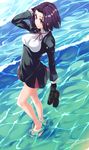  absurdres breasts hair_intakes highres holding holding_shoes kantai_collection loco_65_o1o1 looking_at_viewer medium_breasts purple_eyes purple_hair shoes shoes_removed short_hair smile solo tatsuta_(kantai_collection) wading water 
