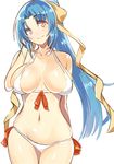  bikini blue_hair blush bow breasts brown_eyes hair_bow large_breasts long_hair looking_at_viewer navel ponytail q_(a72pgc) rescue_me! shimizu_sayaka simple_background smile solo swimsuit white_background white_bikini 