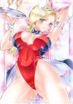  1girl alcohol animal_ear_hairband animal_ears aqua_eyes arm_behind_head armlet ass_visible_through_thighs at_classics bianca_(dq5) blonde_hair blue_bow blue_bowtie bow bowtie braid breasts cameltoe champagne cleavage commentary_request covered_navel covered_nipples cowboy_shot detached_collar dragon_quest dragon_quest_v fake_animal_ears from_below gradient_background hairband highleg highleg_leotard holding holding_tray jewelry large_breasts leotard looking_down playboy_bunny rabbit_ears red_leotard sample_watermark silver_armlet single_braid solo tailcoat tailcoat_playboy_bunny traditional_media tray underboob watermark wrist_cuffs 