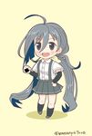  :d ahoge alternate_costume arm_warmers asashio_(kantai_collection) asashio_(kantai_collection)_(cosplay) black_eyes chibi cosplay food food_on_face grey_eyes grey_hair highres kantai_collection kiyoshimo_(kantai_collection) kneehighs long_hair mae_(maesanpicture) onigiri open_mouth pleated_skirt rice rice_on_face skirt smile solo suspenders twitter_username 