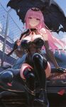  1girl bare_shoulders black_boots black_car black_gloves black_leotard black_tiara black_umbrella blue_sky boots breasts car chain-link_fence cleavage commentary day detached_collar detached_sleeves fence fingerless_gloves gem gloves highres holding holding_umbrella hololive hololive_english large_breasts leaning_against_vehicle leotard long_hair looking_at_viewer mori_calliope motor_vehicle pink_eyes pink_hair red_gemstone rucarachi skindentation sky smile solo strapless strapless_leotard thigh_boots thighs tiara torn_umbrella umbrella vehicle_request virtual_youtuber 