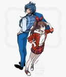  1boy 1girl amber_(genshin_impact) antenna_hair artist_name back-to-back black_shoes blue_eyes blue_hair blue_pants blue_shirt blue_vest brown_eyes brown_hair closed_mouth collared_shirt commentary crossed_bangs drawstring eyelashes eyepatch from_above genshin_impact hair_between_eyes hair_over_shoulder hair_ribbon hand_on_own_hip hand_up high_ponytail hood hood_down hoodie jacket jacket_over_hoodie kaeya_(genshin_impact) lapels long_hair long_sleeves looking_at_viewer looking_back looking_up low_ponytail multicolored_hair multicolored_shoes nendo_(n) one_eye_covered open_clothes open_jacket pants parted_bangs parted_lips plaid_clothes plaid_ribbon plaid_skirt plaid_vest pleated_skirt ponytail red_jacket red_ribbon red_shoes red_skirt ribbed_socks ribbon shirt shoes simple_background skirt sleeves_rolled_up smile socks standing streaked_hair symbol-only_commentary two-tone_shoes v-shaped_eyebrows vest watermark white_background white_hoodie white_shoes white_socks 