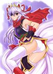  animal_ears armlet ass blush bracer eyepatch fox_ears fox_tail horns japanese_clothes kuon_(shinrabanshou) long_hair looking_at_viewer multiple_tails panties red_eyes scarf shinrabanshou silver_hair solo tail tonbidou underwear white_legwear white_panties 