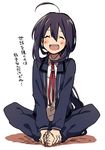  ^_^ ahoge barefoot black_hair butterfly_sitting closed_eyes male_focus matsuki_(mikipingpong) namazuo_toushirou open_mouth sitting smile solo touken_ranbu translated 