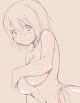  1girl breasts covering female large_breasts looking_at_viewer mahou_shoujo_madoka_magica md5_mismatch miki_sayaka monochrome shinama smile solo topless 