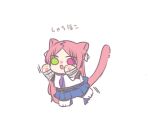  1girl animal_ears animal_hands assault_lily belt belt_buckle black_belt black_shirt blue_skirt boots buckle cat_ears cat_girl cat_paws cat_tail chibi commentary crop_top full_body green_eyes hair_ribbon hands_up heterochromia kemonomimi_mode layered_sleeves leg_up long_hair long_sleeves looking_at_viewer miniskirt motion_lines neckerchief nigari_(ngari_0115) odaiba_girls_high_school_uniform open_mouth parted_bangs paw_shoes pleated_skirt purple_neckerchief red_eyes red_hair ribbon school_uniform shiba_tomoshibi shirt simple_background skirt solid_eyes solo standing standing_on_one_leg tail tail_raised translated undershirt very_long_hair white_background white_boots white_ribbon white_shirt 