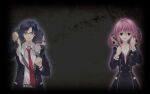  1boy 1girl belt black_jacket black_pants blue_eyes blue_hair bow buttons chaos;child chest_bow clenched_teeth clothes_pull collarbone collared_shirt cropped_jacket double-breasted dress_shirt dress_vest game_cg hair_between_eyes hekiho_academy_school_uniform highres jacket lapels long_sleeves miniskirt miyashiro_takuru necktie notched_lapels official_art official_wallpaper onoe_serika open_clothes open_jacket pants parted_lips pink_eyes pink_hair red_bow red_necktie sailor_collar sasaki_mutsumi school_uniform science_adventure serious shirt short_hair_with_long_locks skirt teeth white_belt white_sailor_collar white_shirt 