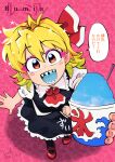  1girl :d ahoge black_skirt black_socks black_vest blonde_hair blue_tongue blush bow carte character_name colored_tongue commentary_request eyeshadow fingernails food frilled_shirt_collar frilled_skirt frills from_above full_body hair_bow highres looking_at_viewer makeup mary_janes open_mouth pink_background pink_eyeshadow puffy_short_sleeves puffy_sleeves red_bow red_eyes red_shoes rumia sharp_teeth shaved_ice shirt shoes short_hair short_sleeves signature skirt smile socks solo sparkle standing teeth touhou translation_request vest white_shirt 