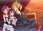  6u_(eternal_land) \m/ ayase_eli bare_shoulders bibi_(love_live!) black_dress black_gloves black_hair blonde_hair blue_eyes bow collarbone couch curtains double_\m/ dress elbow_gloves girl_sandwich gloves hair_bow hand_on_another's_shoulder love_live! love_live!_school_idol_project multiple_girls nishikino_maki open_mouth ponytail red_eyes red_hair sandwiched sitting smile strapless strapless_dress thighhighs twintails white_dress white_gloves white_legwear yazawa_nico zettai_ryouiki 