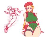  beret blonde_hair blue_eyes braid breasts cammy_white covered_nipples fingerless_gloves gloves green_leotard hat holster large_breasts leotard long_hair shoulder_holster sketch sol_goodguy solo street_fighter street_fighter_v thigh_holster twin_braids 