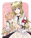  apron armband blonde_hair blush candy code_geass code_geass:_boukoku_no_akito double_bun dress food frilled_dress frills jelly_bean komaichi leila_(code_geass) long_hair looking_at_viewer necktie purple_eyes shirt solo valentine white_shirt 