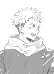  11mtri 1boy coat commentary_request facial_mark itadori_yuuji jujutsu_kaisen jujutsu_tech_uniform looking_to_the_side male_focus multicolored_hair open_mouth short_hair short_sideburns simple_background sketch solo teeth two-tone_hair upper_body upper_teeth_only white_background 