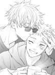  11mtri 2boys adam&#039;s_apple arm_around_back coffee_mug collarbone commentary_request crew_neck cup eyelashes facial_mark gojou_satoru greyscale grin hand_on_another&#039;s_head holding holding_cup hood hood_down hoodie itadori_yuuji jujutsu_kaisen looking_at_another looking_to_the_side male_focus monochrome mug multiple_boys one_eye_closed rectangular_eyewear sanpaku shirt short_hair simple_background smile sunglasses teeth upper_body white_background yaoi 