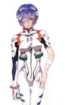  ayanami_rei baiyishaonian_huam bandage_over_one_eye bandaged_arm bandages blue_hair bodysuit bracer cowboy_shot expressionless gloves hair_ornament hand_on_own_thigh highres impossible_bodysuit impossible_clothes looking_at_viewer neon_genesis_evangelion number plugsuit red_eyes short_hair simple_background single_glove skinny solo thigh_gap torn_bodysuit torn_clothes turtleneck white_background white_bodysuit 