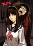  bebe1999 bloodshot_eyes brown_hair character_name grey_eyes hairband highres long_hair looking_at_viewer mole mole_under_eye open_mouth school_uniform serafuku smile teeth tomie tomie_kawakami 