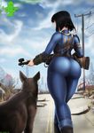  bikini black_hair bodysuit butt canine clothing duo english_text fallout fallout_4 fan_character female feral gun hair human mammal outside ranged_weapon skinsuit sling_bikini swimsuit text therealshadman tight_clothing video_games weapon 