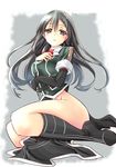  belt black_eyes black_footwear black_gloves black_hair black_legwear boots bow bowtie breasts chikuma_(kantai_collection) chize elbow_gloves gloves hand_on_own_chest kantai_collection knee_boots long_hair looking_at_viewer medium_breasts no_panties pelvic_curtain remodel_(kantai_collection) simple_background single_glove solo thighs 