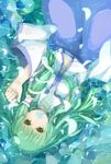  detached_sleeves dutch_angle flower_in_mouth frog_hair_ornament green_eyes green_hair hair_ornament hair_tubes highres japanese_clothes keko_(artist) kochiya_sanae long_hair long_sleeves looking_at_viewer lying lying_on_water miko navel on_back partially_submerged petals shirt skirt snake_hair_ornament solo touhou upside-down water wide_sleeves 