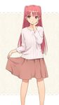  blush commentary_request long_hair morisawa_haruyuki original pink_eyes pink_hair skirt skirt_hold solo two_side_up 